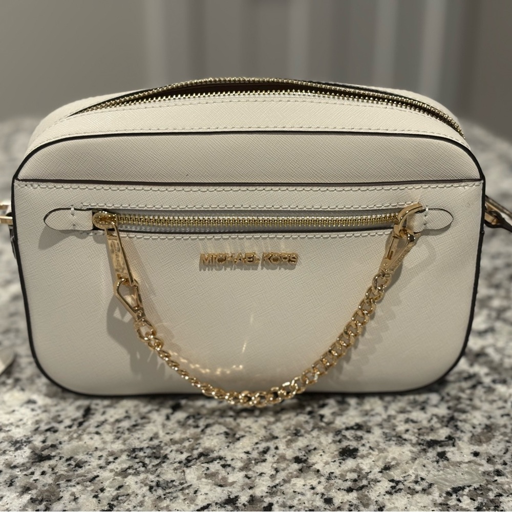 Michael Kors Gold and White Crossbody Bag with Chain Strap